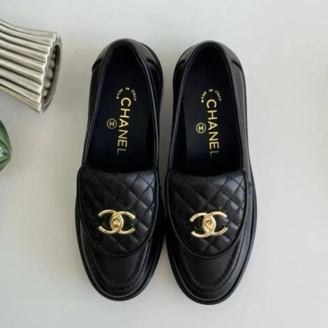 Black Leather Loafers with Gold-Tone Detail
