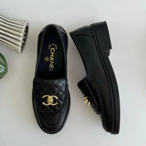 Black Leather Loafers with Gold-Tone Detail - Faizah Outlet